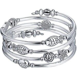 05-Metal Layered Wrap Bangle Bead Bracelet w/ Agate Stone